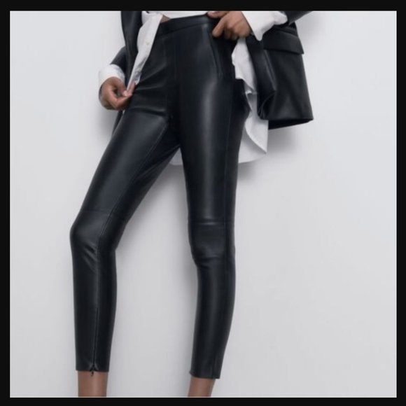 Zara Made in Turkey High Rise Ankle Zippers Black Faux Leather Slim Jeans wmns S - Picture 4 of 17